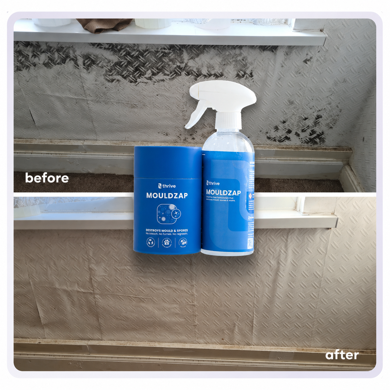 Bathroom mould before and after cleaning with MOULDZAP spray