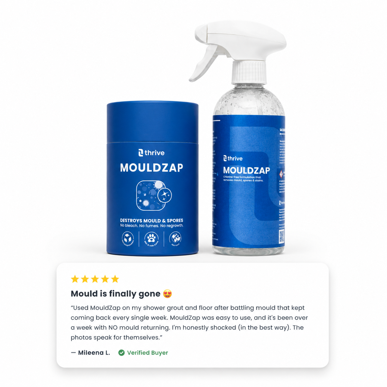 MOULDZAP mould remover with five-star customer review — mould finally gone