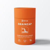 DRAINZAP drain unblocker tub — front view, clears blockages and odours