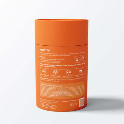 DRAINZAP tub — back label with instructions and ingredients