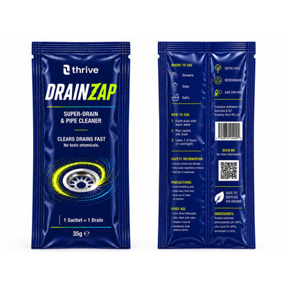 DRAINZAP Sachet 35g front and back of pack showing directions and ingredients